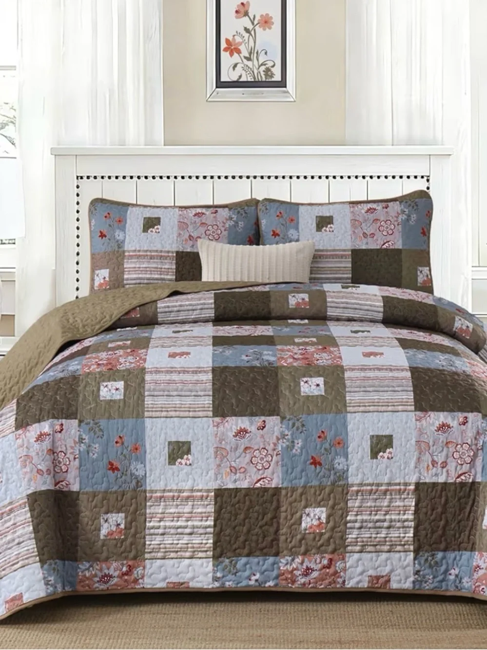 Patchwork Floral Quilt Set in Blue, Brown and Cream